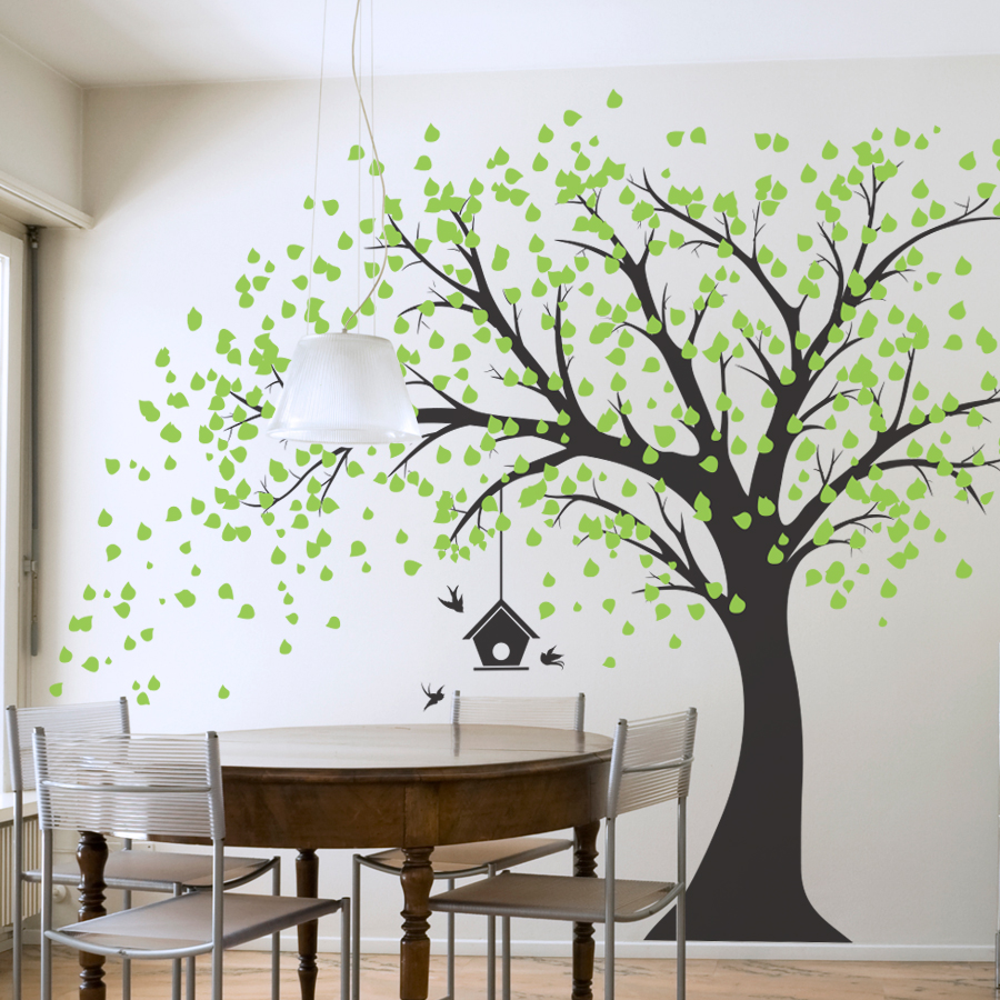 Large Windy Tree With Birdhouse Wall Decal Large Windy Tree With Birdhouse Wall Decal