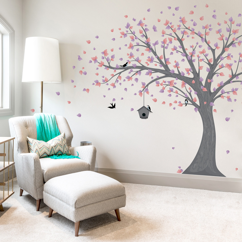 Printed Removable Windy Tree Wall Decal w/ Birdhouse