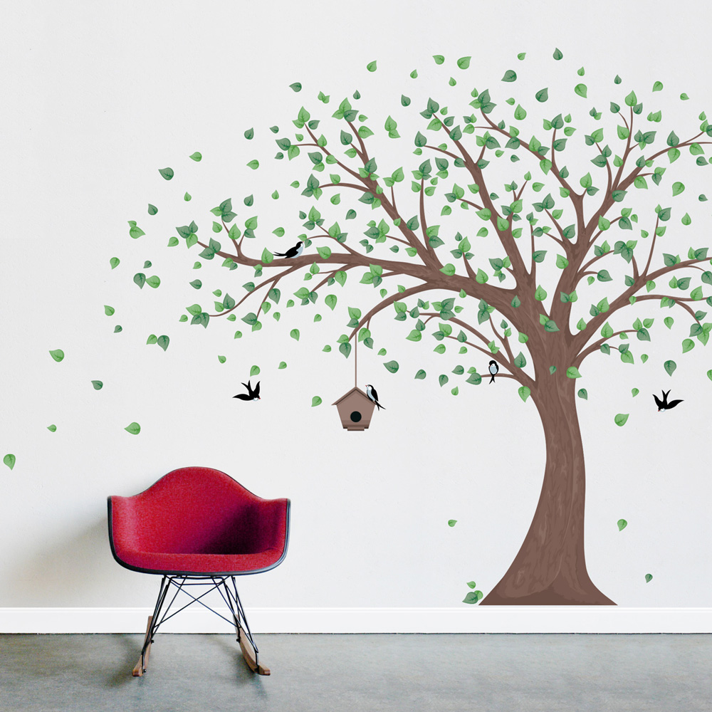 Printed Windy Tree  with Birdhouse Wall  Decal 