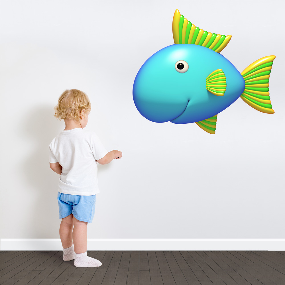 3d Bright Blue Fish Printed Wall Decal