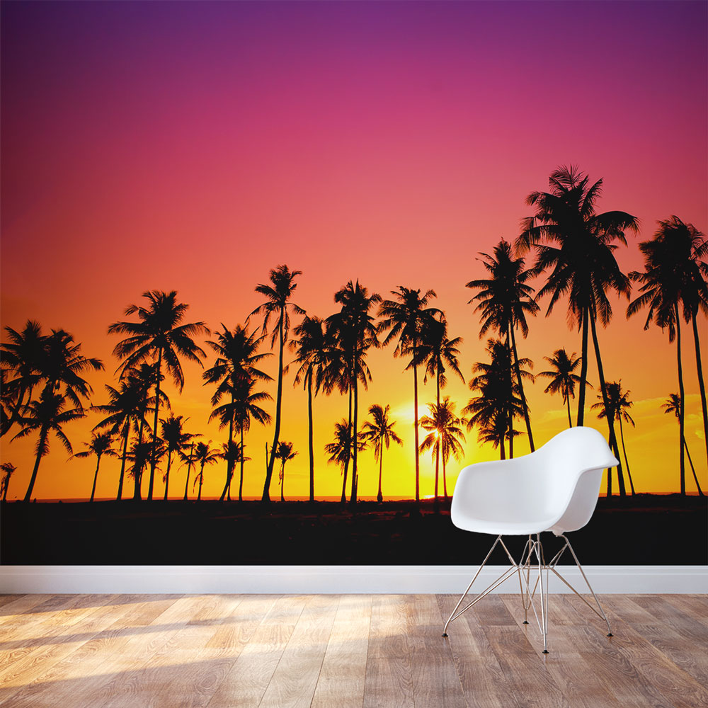 Sunset and Palm Trees Silhouette Mural Wallpaper