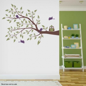 Owl and Four Birds on a Branch Wall Decal