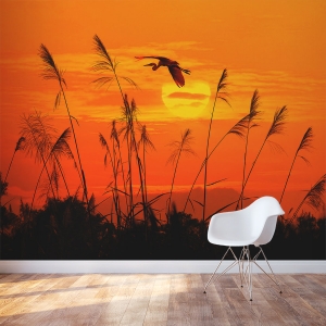 Heron Reed Sunset Wall Mural