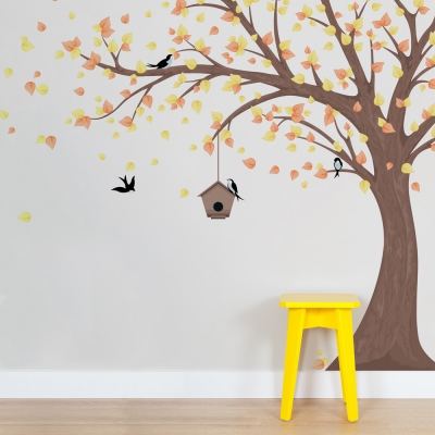 Large Printed Windy Tree with Birdhouse Wall Decal