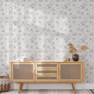 Wallums Dark Blue Floral Outlines Removable Wallpaper Panels